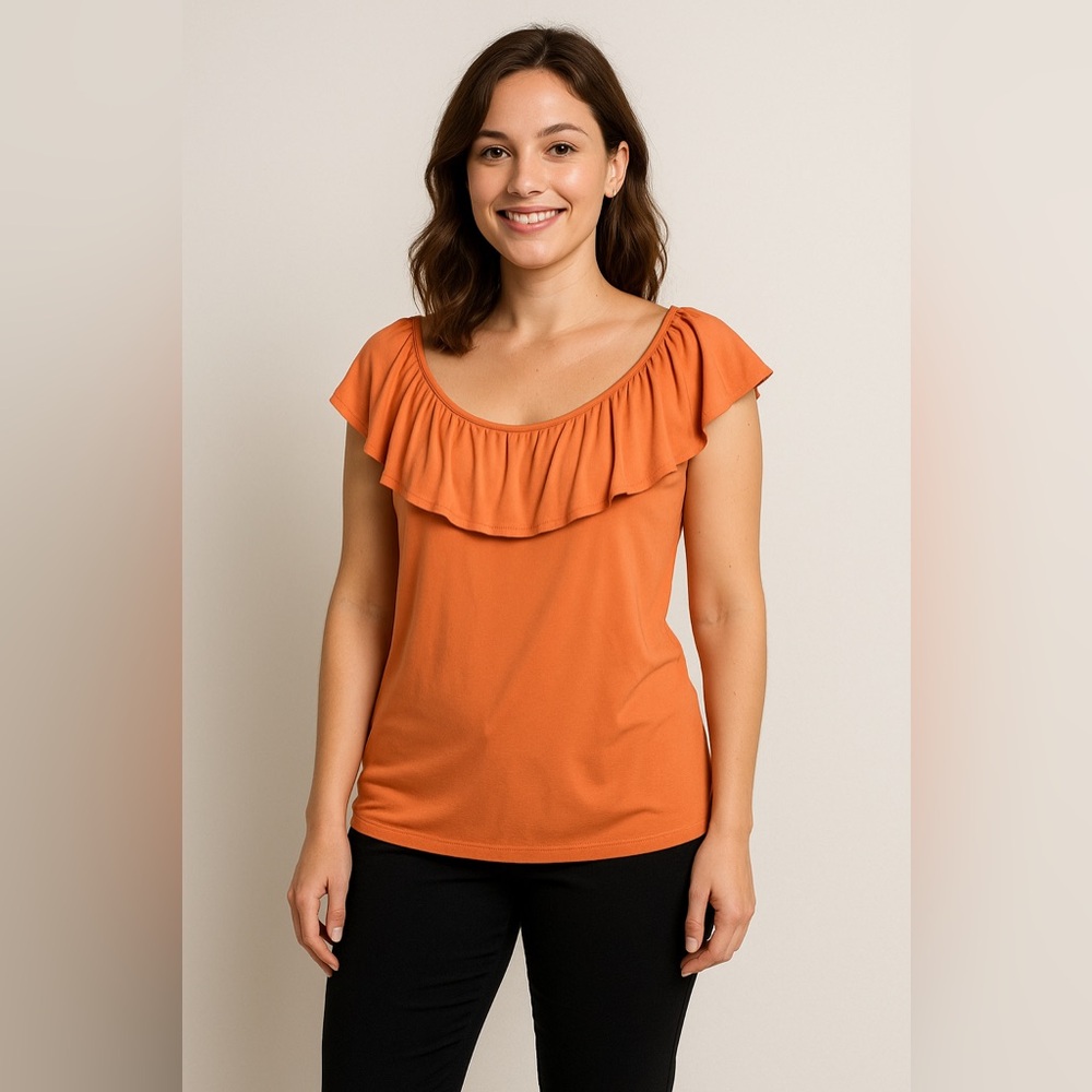 Chaps Ralph Lauren Orange Ruffle Sleeveless Tank Top Sz L Viscose